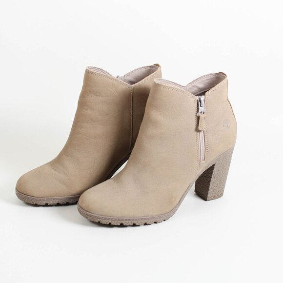 Timberland Suede Heeled Ankle Boots Tan 9.5 Zip - Picture 1 of 10